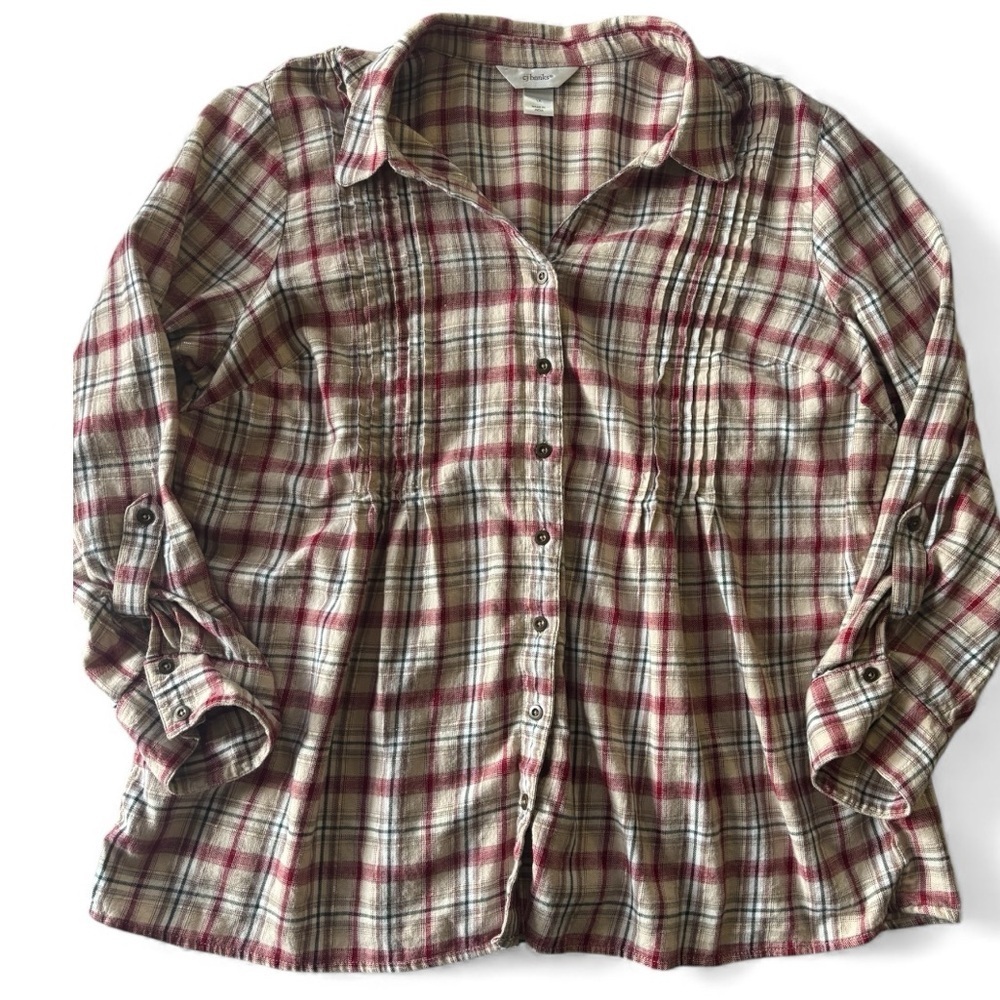 CJ Banks Plaid Flannel Pintuck Button Top Red Green Gold Holiday Cozy 1X